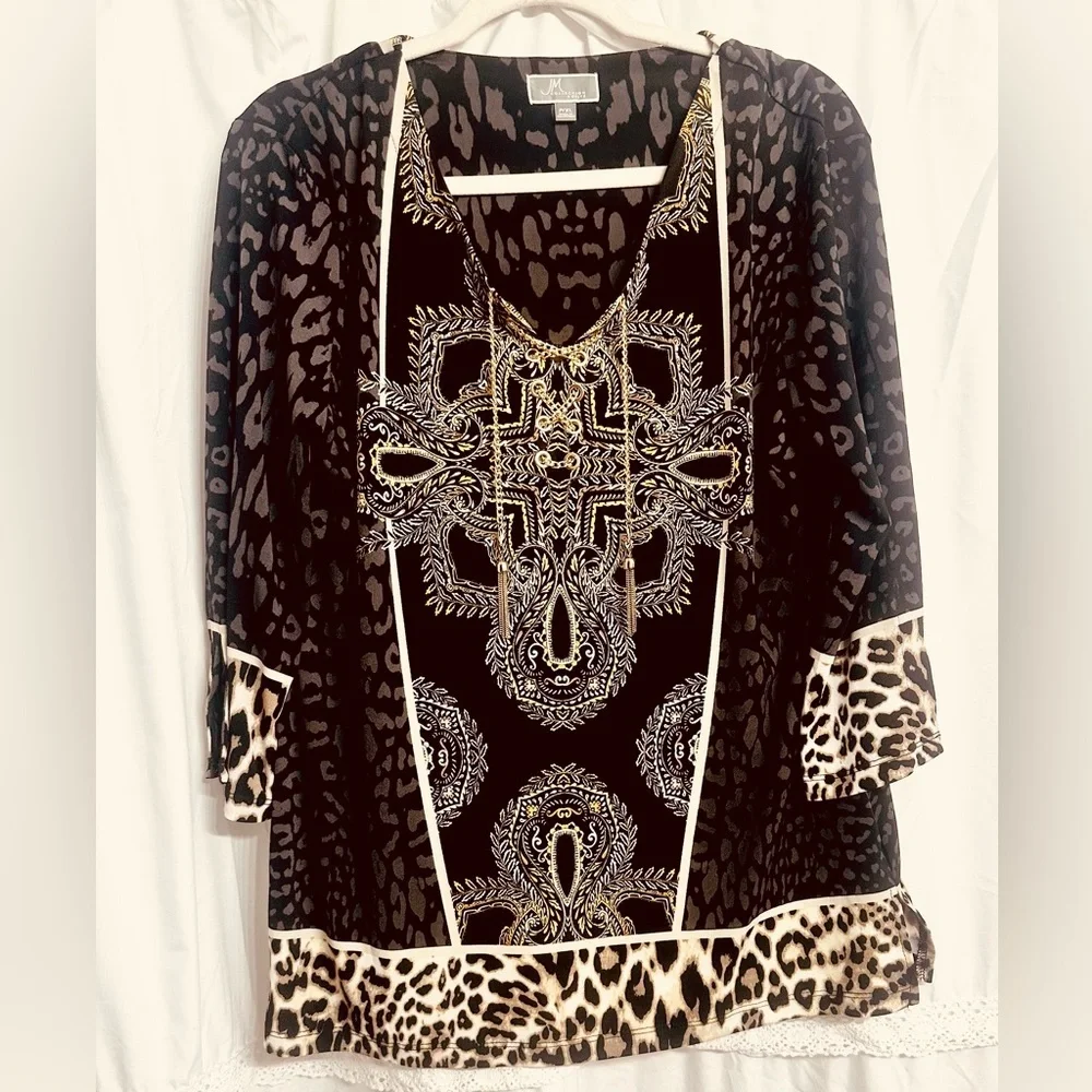 JM Collection Y2K Leopard-Panther Print w/Gold Chain Front Closure Blouse P/XL - Picture 1 of 11